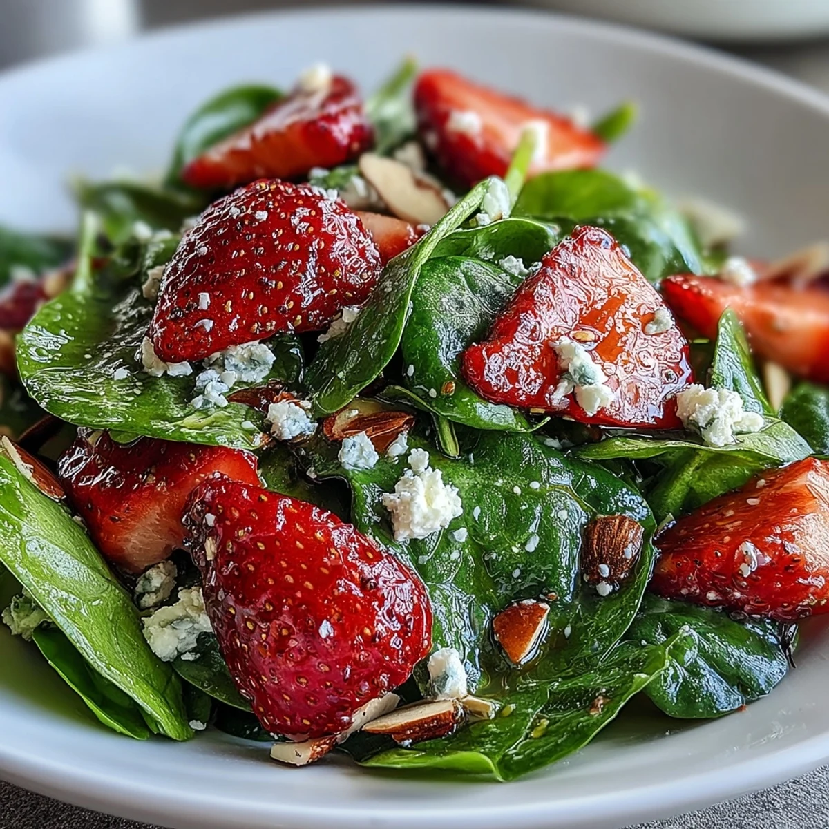 Fresh baby spinach salad with juicy strawberries, creamy feta, and crunchy almonds, dressed in tangy poppy seed dressing.  
