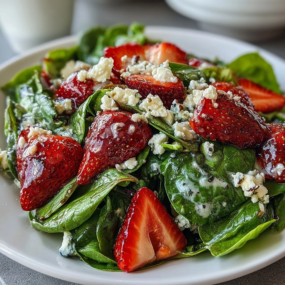 Vibrant strawberry spinach salad topped with feta, toasted almonds, and sweet poppy seed dressing for spring gatherings.  