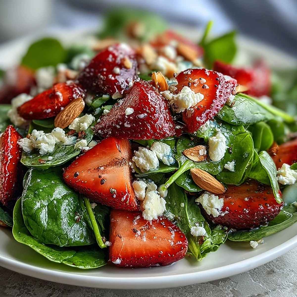 Refreshing spinach and strawberry salad with creamy feta, sliced almonds, and homemade poppy seed dressing.
