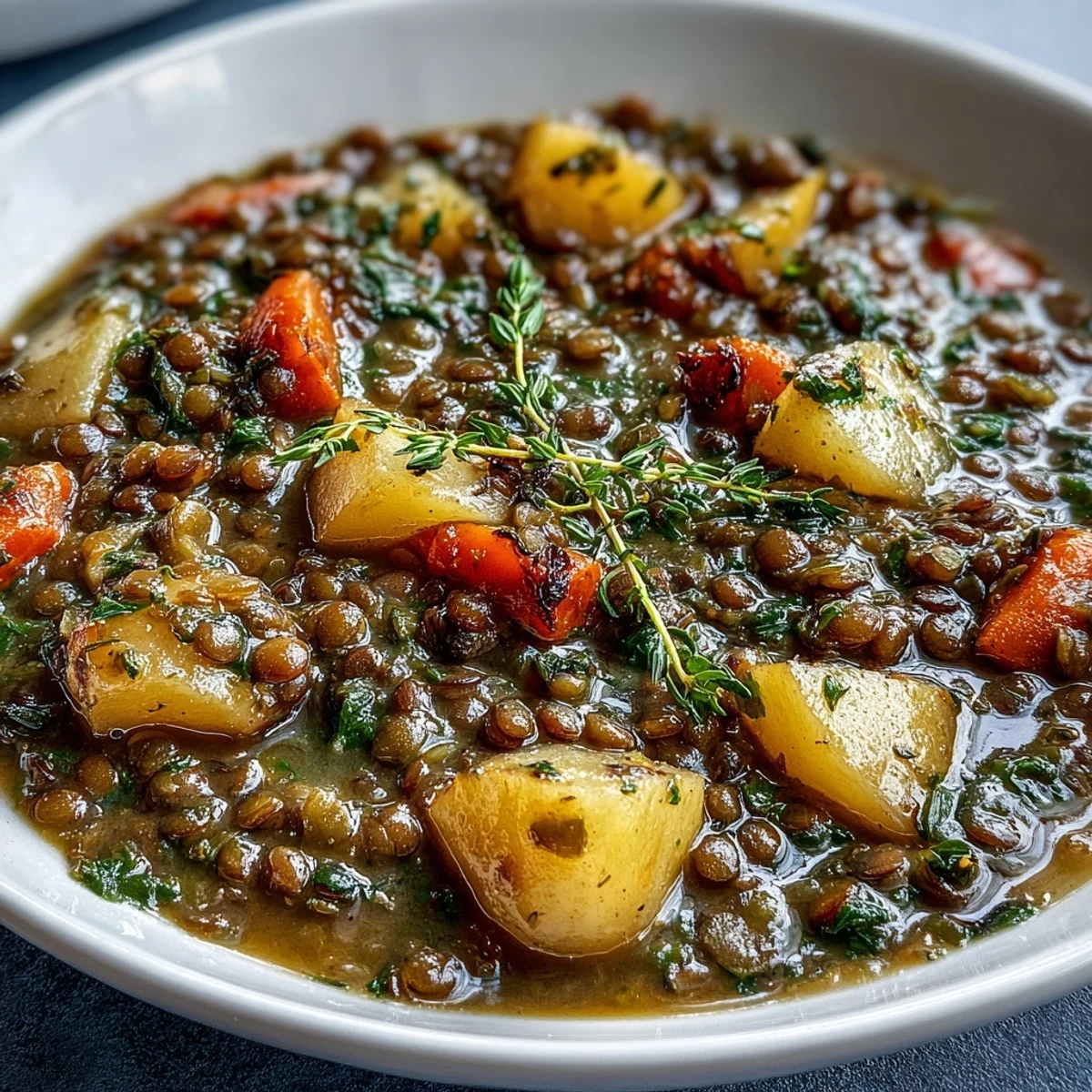 Hearty vegetarian Little Sprout Green Lentil Stew with vibrant carrots, creamy potatoes, and aromatic herbs, perfect for a nourishing meal.