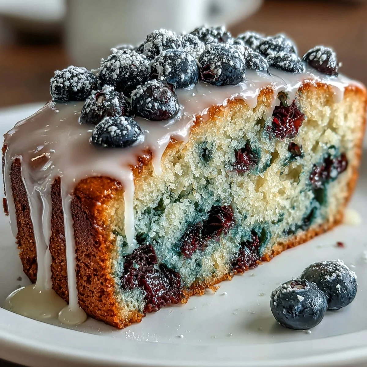 A moist lemon blueberry loaf with juicy berries and a glossy lemon glaze, perfect for baby showers and celebrations.  