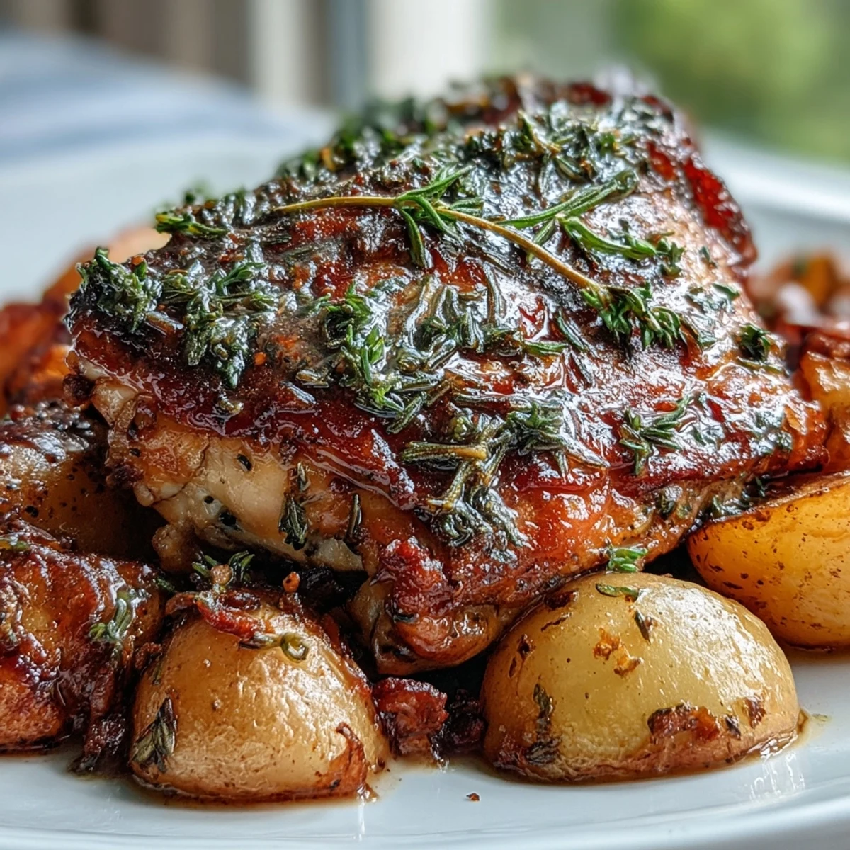 Herb roasted chicken thighs with baby potatoes and carrots in a rustic one-pan dish.  