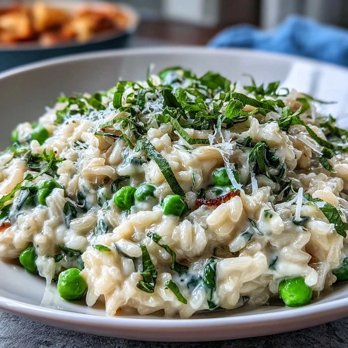 Creamy spring pea and mint risotto with Parmesan, garnished with fresh mint leaves and lemon zest. A vibrant, vegetarian main dish perfect for spring.