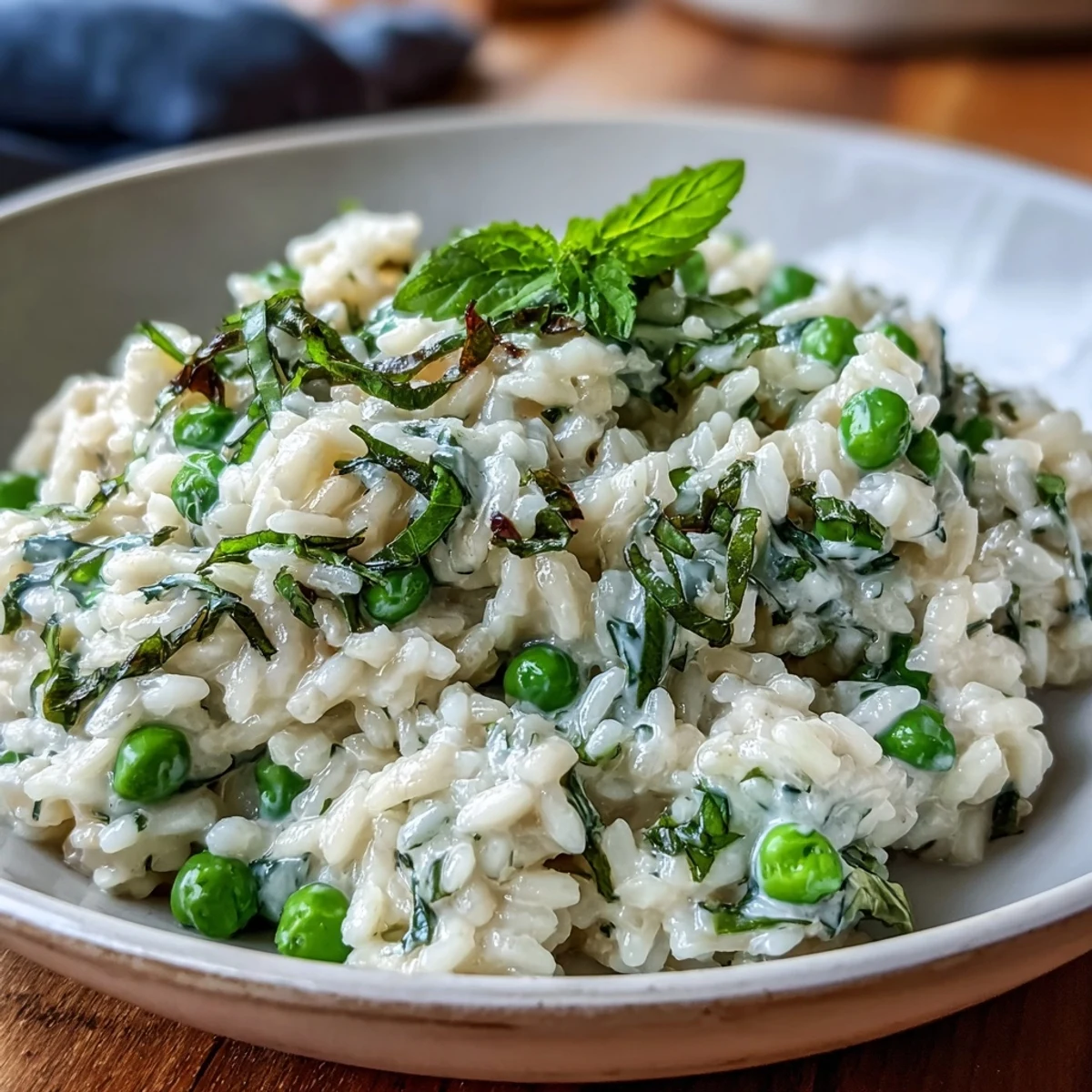 Savory Arborio rice cooked in warm broth, studded with sweet peas and fresh mint, finished with Parmesan for a rich, satisfying flavor.