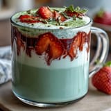 A steaming mug of warm strawberry matcha latte with vibrant green matcha swirled into frothy milk and fresh strawberry purée.
