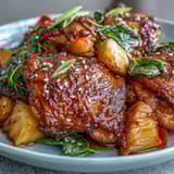 Golden seared chicken thighs simmered in a sticky honey garlic sauce with juicy pineapple and colorful bell peppers for a tropical one-pan dinner.