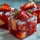 Refreshing strawberry pineapple daiquiri freezer pouches with vibrant red and golden fruit chunks, served icy cold in a clear cocktail pouch.