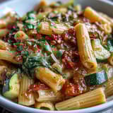 Creamy, one-pot pasta dish featuring penne, zucchini, and bell peppers, topped with fresh Parmesan shavings.  