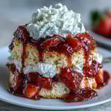 Classic strawberry shortcake with golden biscuit layers, fresh macerated strawberries, and fluffy whipped cream, served on a rustic plate.