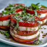 Vibrant Caprese salad featuring ripe tomatoes, fresh mozzarella, and aromatic basil oil, garnished with sea salt and pepper.