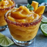 Refreshing non-alcoholic frozen mango margarita mocktail, blended with lime and orange juice for a slushy tropical treat.