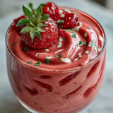 Creamy and refreshing strawberry spinach smoothie topped with chia seeds and served in a clear glass.  