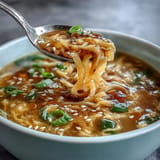 Aromatic Chinese-style egg drop soup features delicate egg strands and sesame oil in a steaming bowl of broth.  