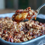 Warm Father's Day Whiskey Caramel Apple Crisp, baked with tender apples and bourbon notes.