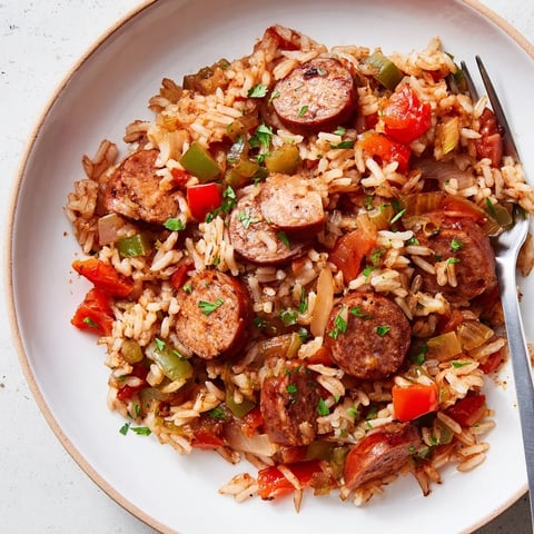 Savory One-Pot Sausage and Rice Skillet with colorful bell peppers and tender sausage.  