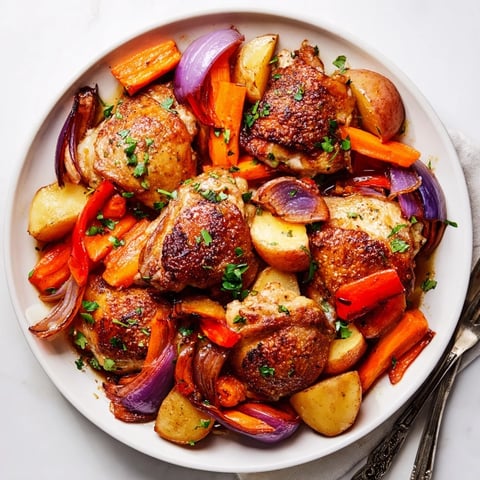 Juicy One-Pan Roasted Chicken and Vegetables, served with vibrant lemon wedges.  
