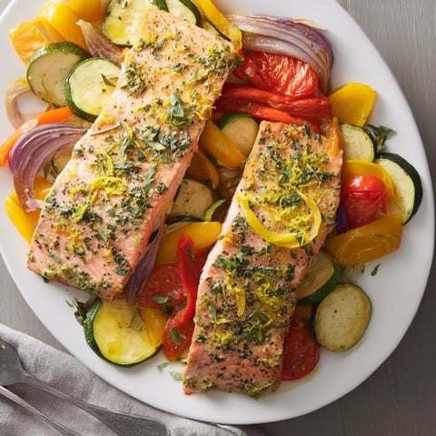 Succulent sheet pan lemon herb salmon with colorful veggies, perfect for easy weeknight dinners.  
