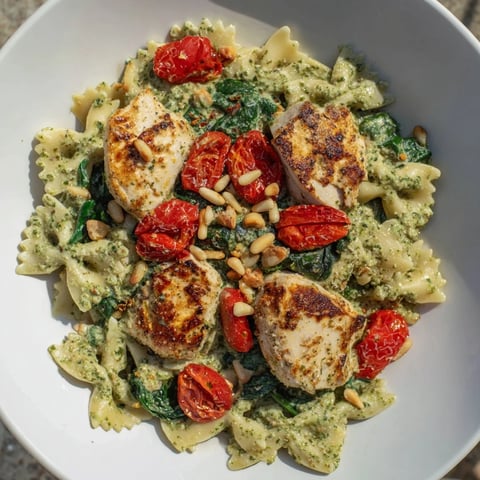 Pesto Chicken Bowtie Pasta: a creamy, inviting bowl of pasta with golden chicken and fresh basil.