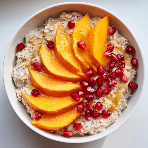 Creamy Overnight Oats with persimmon and pomegranate, a healthy breakfast bursting with fresh fruit and seeds.
