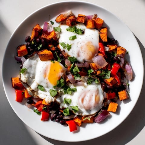 Golden-brown Sweet Potato & Black Bean Breakfast Hash topped with perfectly cooked sunny-side-up eggs.