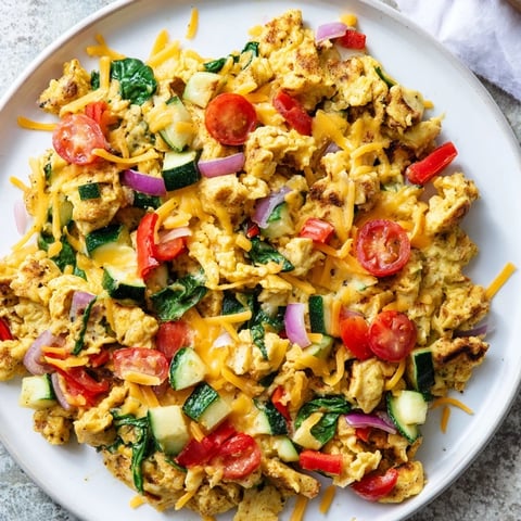 Golden-brown Egg & Veggie Sheet Pan Scramble with roasted vegetables, ready to serve for breakfast.