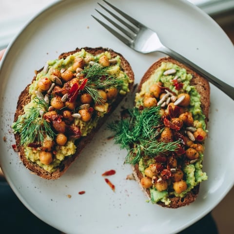 Creamy avocado toast with chickpeas and herbs, a vibrant vegetarian breakfast, ready to eat.