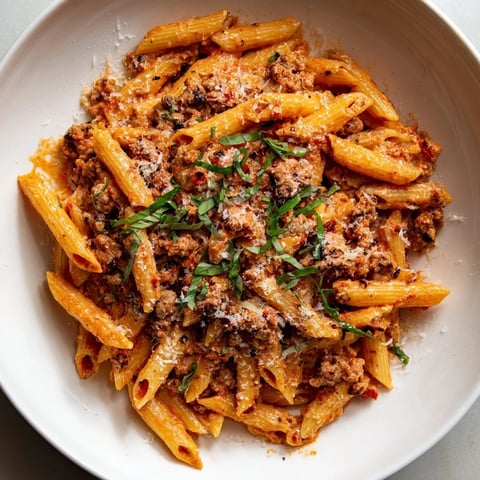 Creamy Tomato and Sausage Pasta, ready to eat, topped with fresh basil and Parmesan cheese.