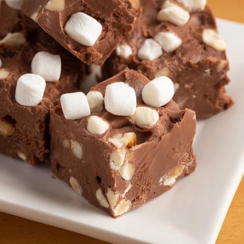 Close-up of Easy Marshmallow Fudge—smooth, glossy chocolate squares studded with fluffy marshmallows.
