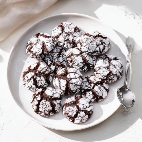 Warm, freshly baked Chocolate Crinkle Cookies, covered in powdered sugar, ready to be enjoyed.