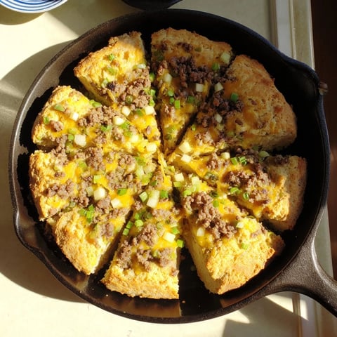Golden-brown Savory Apple, Sausage, and Cheddar Scone Skillet, perfect for a cozy brunch.