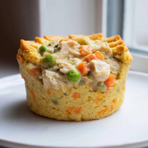 Golden-brown Chicken Pot Pie Cornbread Muffins, tiny savory treats perfect for a quick snack.
