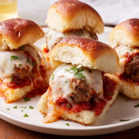 Golden, cheesy Easy Christmas Meatball Sliders ready to serve, dripping with savory marinara sauce.