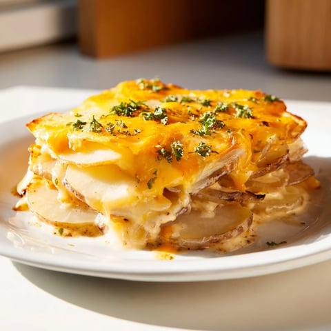 Golden, bubbling Budget-Friendly Potato Layer Bake, a comforting casserole with creamy cheese and tender potatoes.