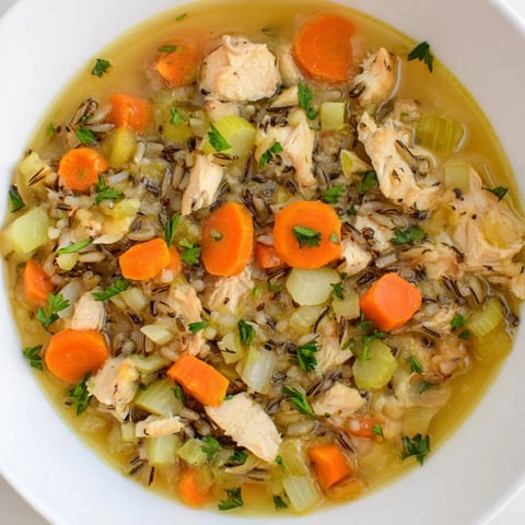 A steaming bowl of Quick Chicken and Wild Rice Soup, garnished with parsley and ready to eat.