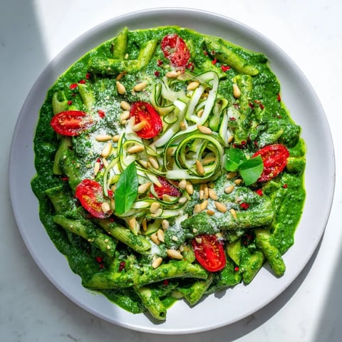 Vibrant Vegan Green Goddess Pasta topped with cherry tomatoes and basil, ready to enjoy.