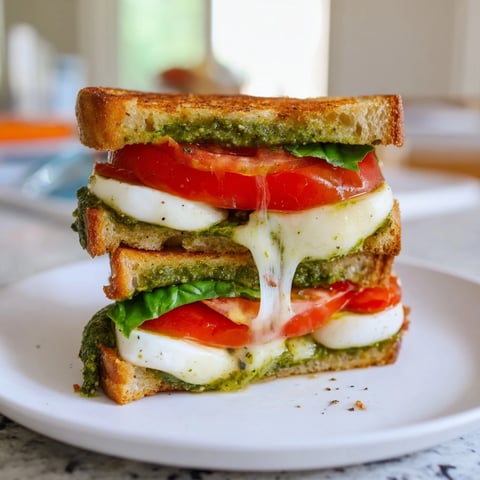 Golden crust surrounds a Caprese Pesto Panini-Style Grilled Cheese, oozing melted mozzarella and ripe tomatoes.