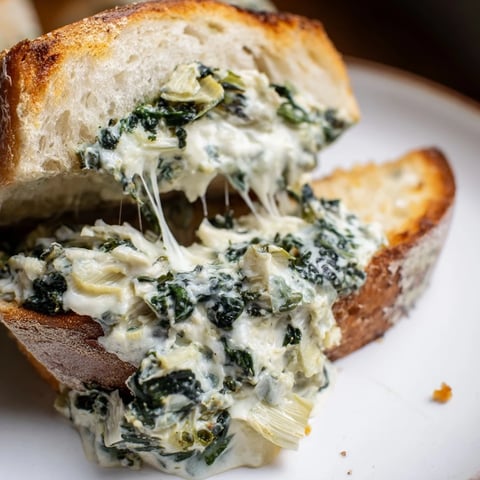 Golden-brown sourdough spinach artichoke dip grilled cheese, oozing with melted cheese and creamy filling.