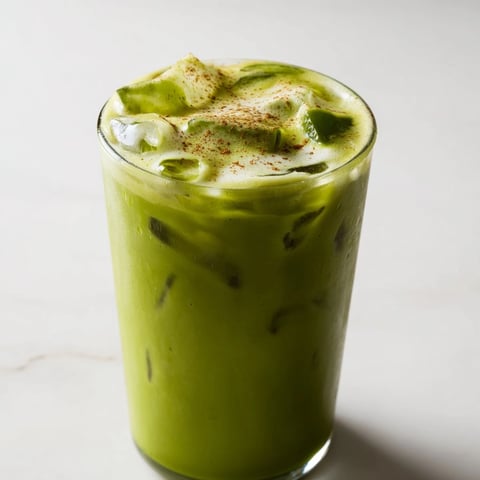Iced Cinnamon Roll Matcha, a layered beverage with frothy protein foam and cinnamon powder.