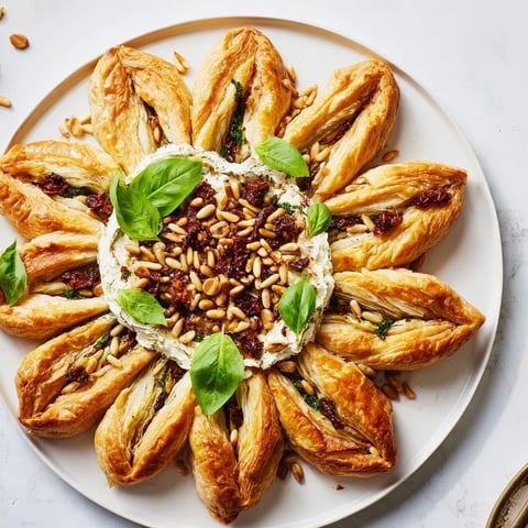 Golden, flaky Poinsettia Puff Pastry Appetizer, a savory holiday treat filled with creamy cheese and tomatoes.