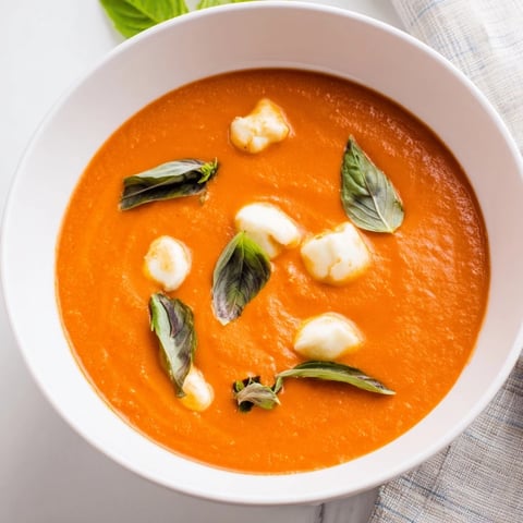 Creamy Tomato Mozzarella Soup: A photo of a steaming bowl, garnished with fresh basil.