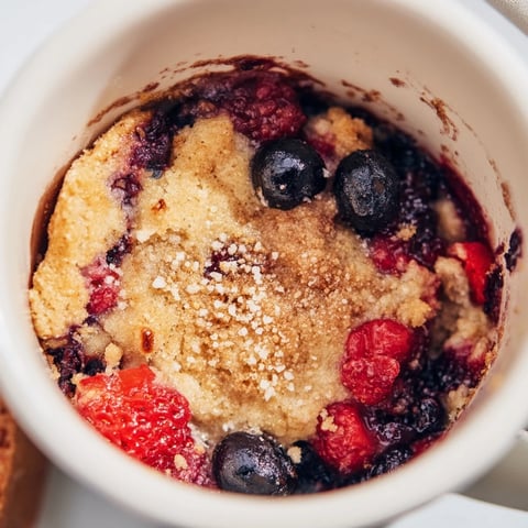 Warm Mixed Berry Cobbler Mug Cake, bubbling in a mug, ready to enjoy with a hint of vanilla.