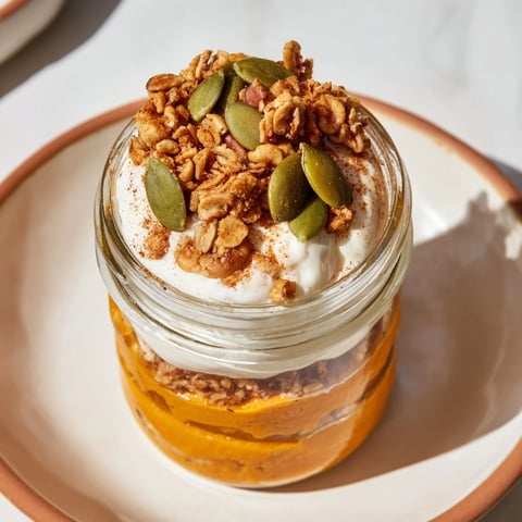 Creamy Pumpkin Yogurt Parfait layered with spiced pumpkin, Greek yogurt, and crunchy granola for a snack.