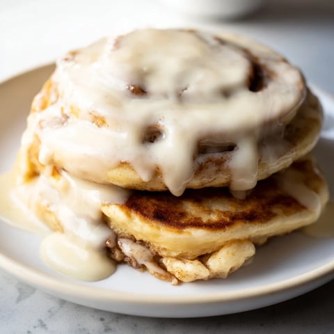 Golden-brown Cinnamon Roll Pancakes served warm, drizzled with sweet cream cheese frosting for brunch.