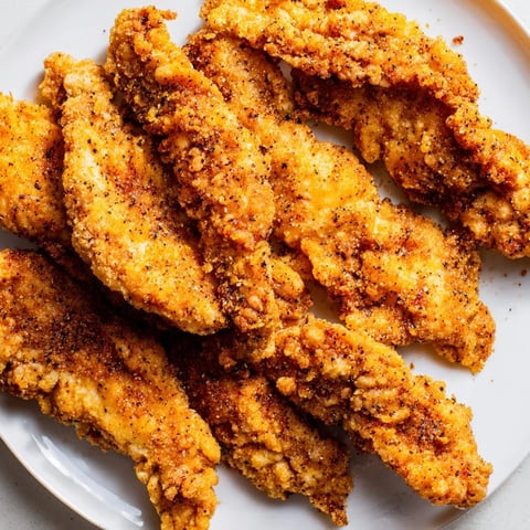 Golden brown buttermilk fried chicken tenders, perfectly crispy and ready to eat, served hot!