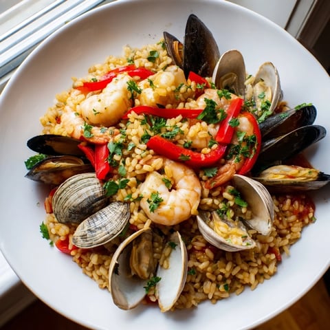 Steaming Spanish Seafood Paella with colorful bell peppers and plump shrimp, ready to serve this flavorful dish.