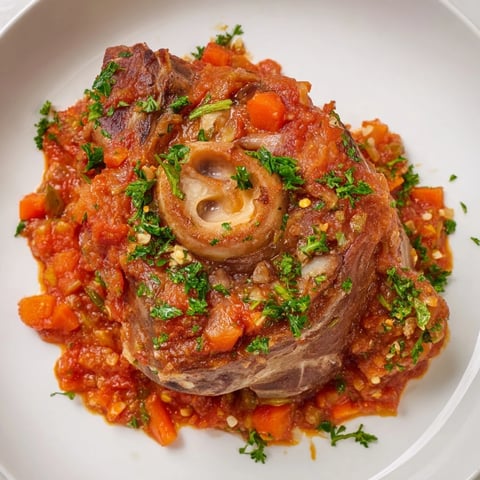 Tender Osso Buco served with vibrant gremolata, imagine the savory aroma and rich flavors.