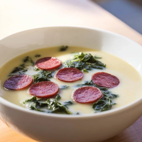 Steaming bowl of Portuguese Caldo Verde, a hearty soup with vibrant green kale and flavorful chorizo.