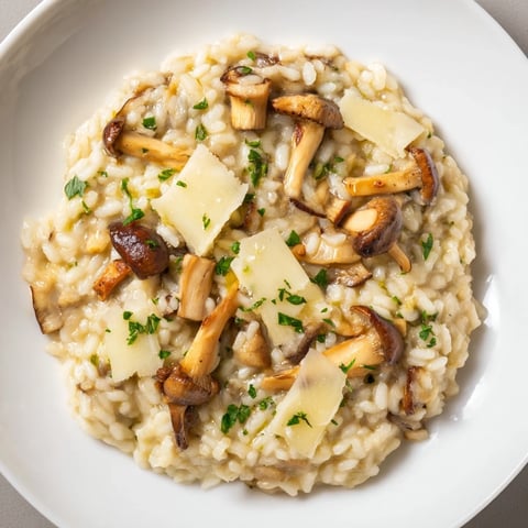 Creamy Italian Mushroom Risotto, garnished with fresh parsley and Parmesan, ready to serve as a comforting meal.