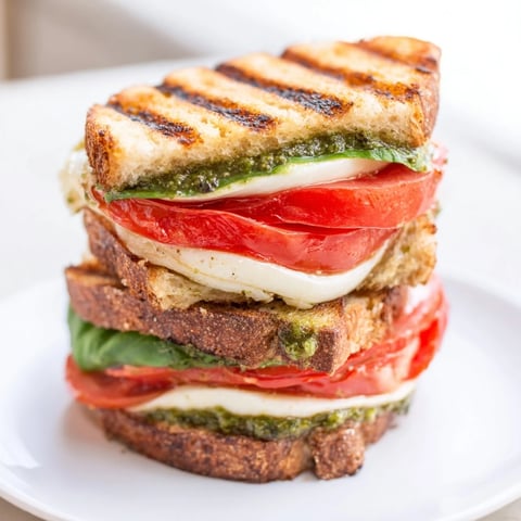 A close-up of a Caprese Panini Press Innovations sandwich with melted mozzarella and fresh tomato slices on golden ciabatta.