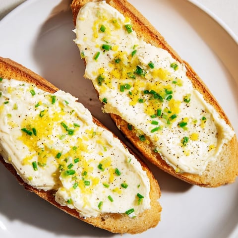 Golden, crisp crostini topped with creamy vodka butter, lemon zest, and fresh chives for an elegant appetizer.